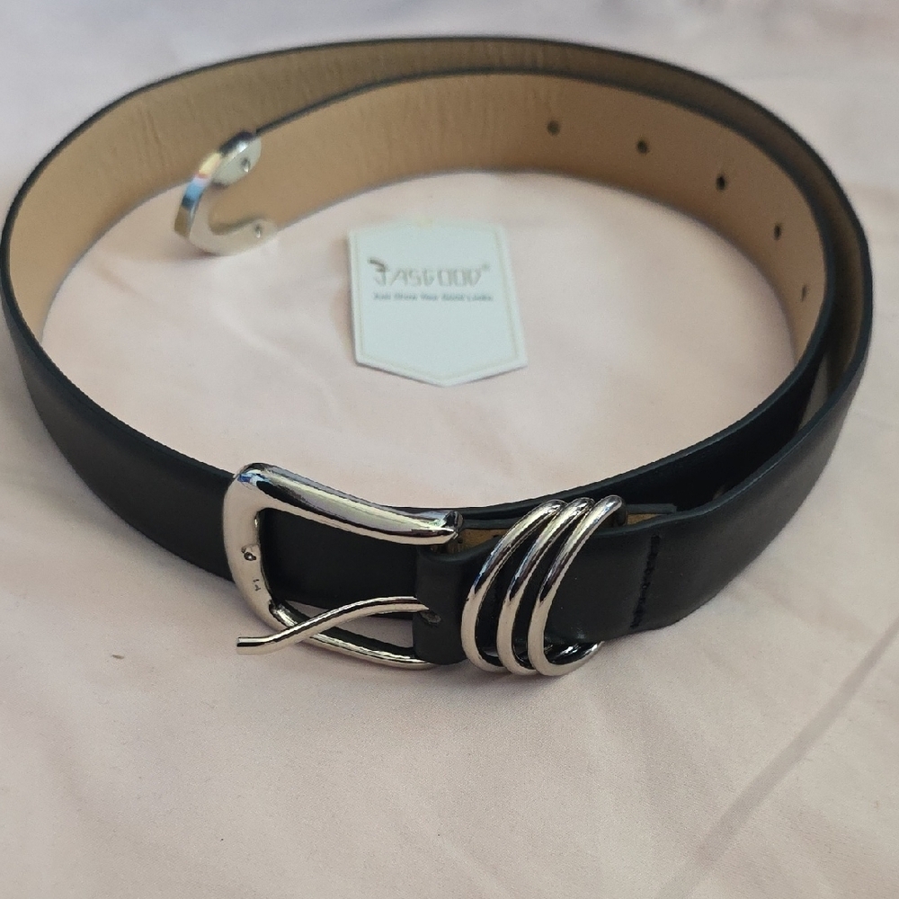 Women's Black Leather Belt with Silver Buckle By Jasgood, NWT - Picture 14 of 14